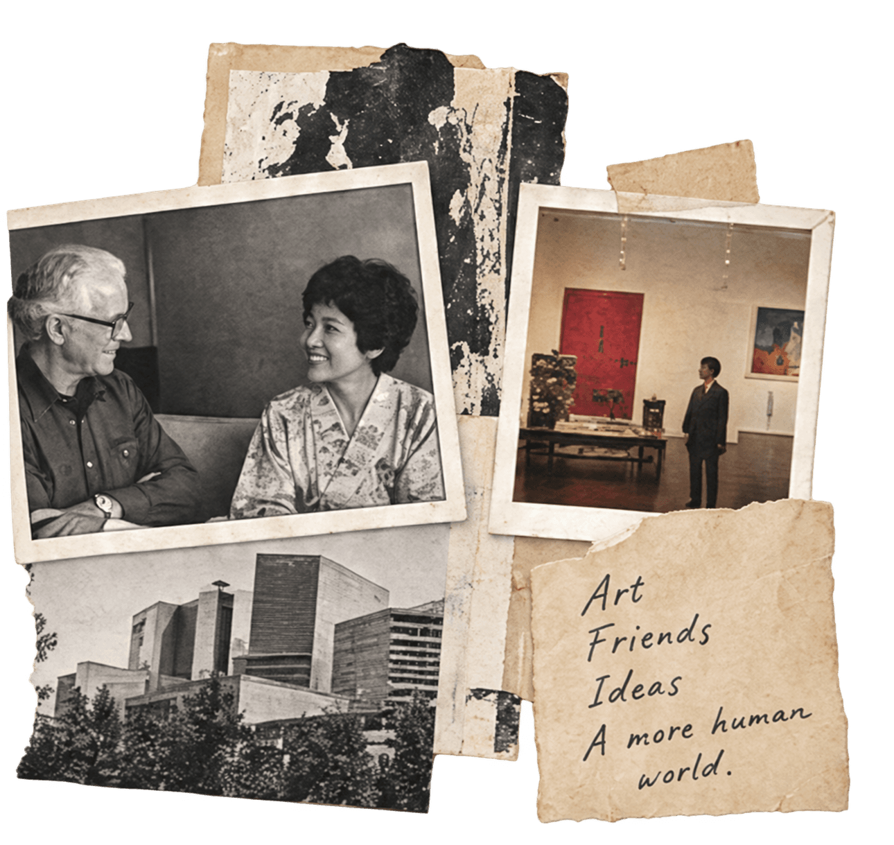 Archival photographs and a handwritten note about art, friendship, and ideas